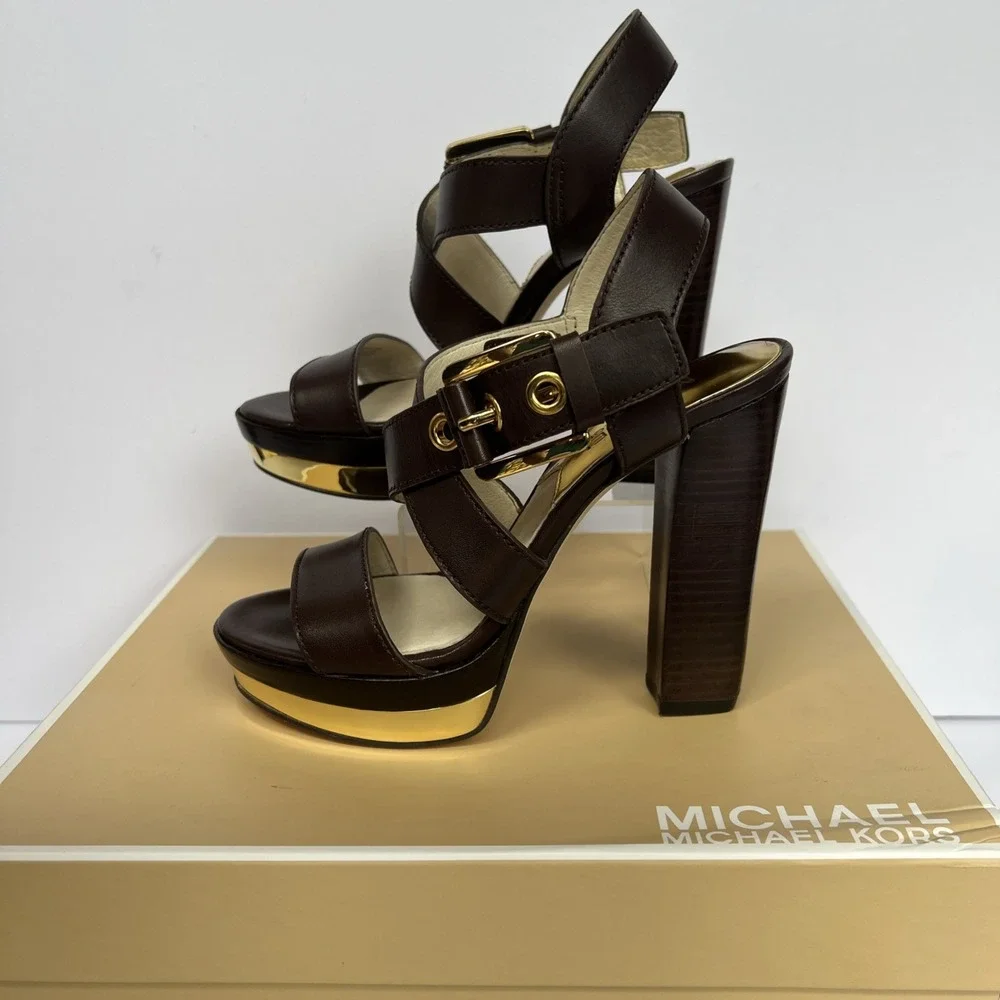 Michael Kors Women Brown Sz 5M Solid Leather High Platform Heels NEW w/box